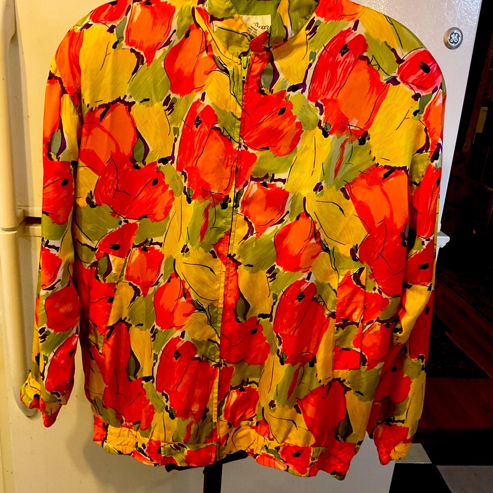 Lady Bear Silk Orange Floral Bomber Style Jacket Small Runs Large (10)